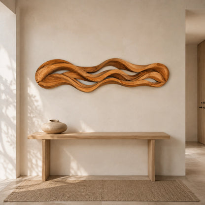 Wall Art with Flowing Wave-Carved Design in Natural Solid Wood for Walls - Woodenecho - 1