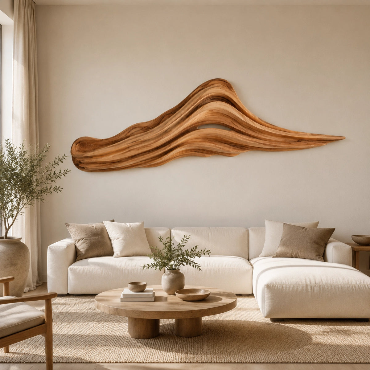 Wave-Form Wall Art with Layered Carved Natural Solid Wood Designs - Woodenecho - 2