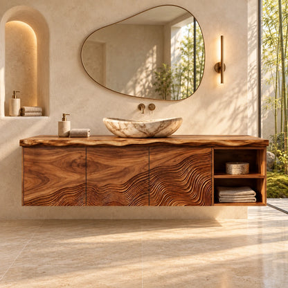 Wood Bathroom Vanity with Wave-Carved Trio of Doors and Twin Open End Cubbies - Woodenecho - 10