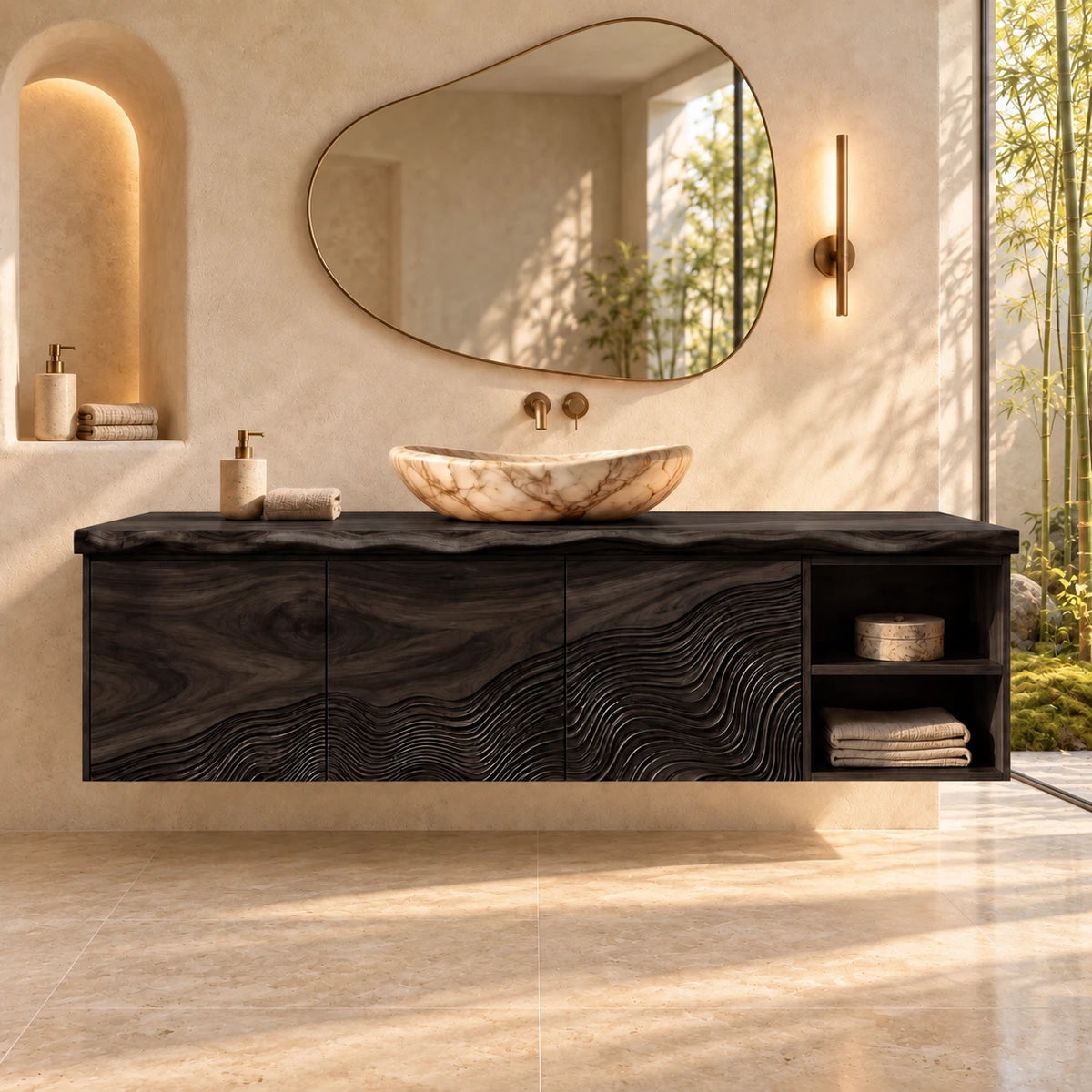 Wood Bathroom Vanity with Wave-Carved Trio of Doors and Twin Open End Cubbies - Woodenecho - 11