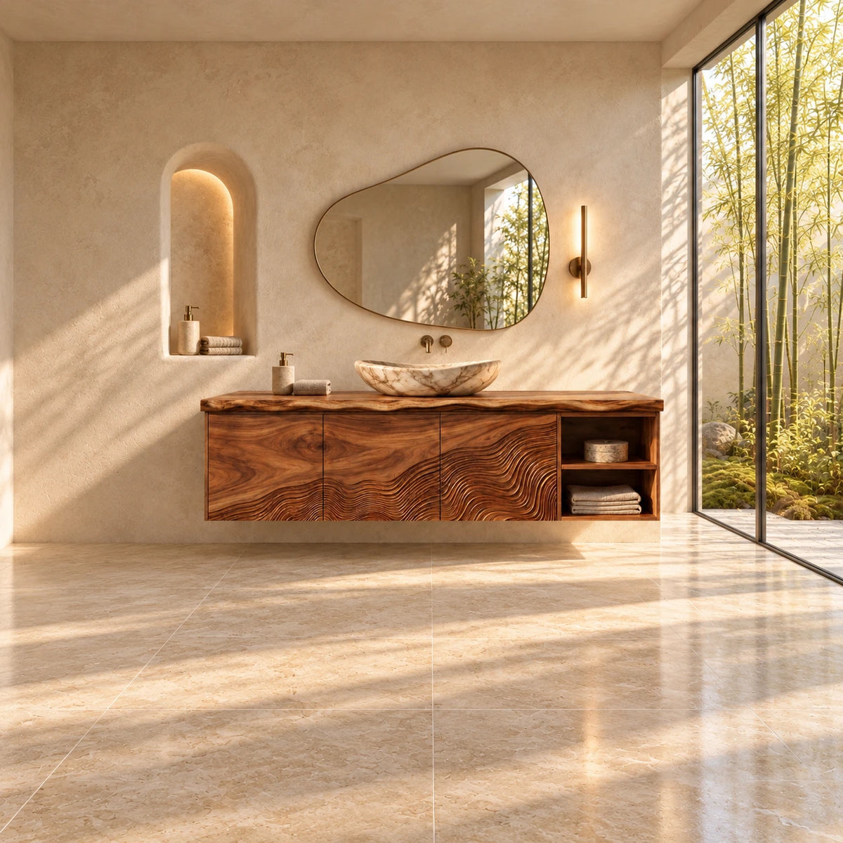 Wood Bathroom Vanity with Wave-Carved Trio of Doors and Twin Open End Cubbies - Woodenecho - 2