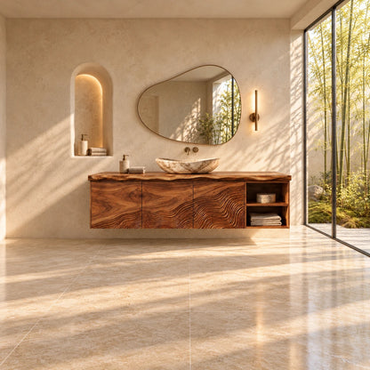 Wood Bathroom Vanity with Wave-Carved Trio of Doors and Twin Open End Cubbies - Woodenecho - 2
