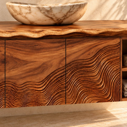 Wood Bathroom Vanity with Wave-Carved Trio of Doors and Twin Open End Cubbies - Woodenecho - 3