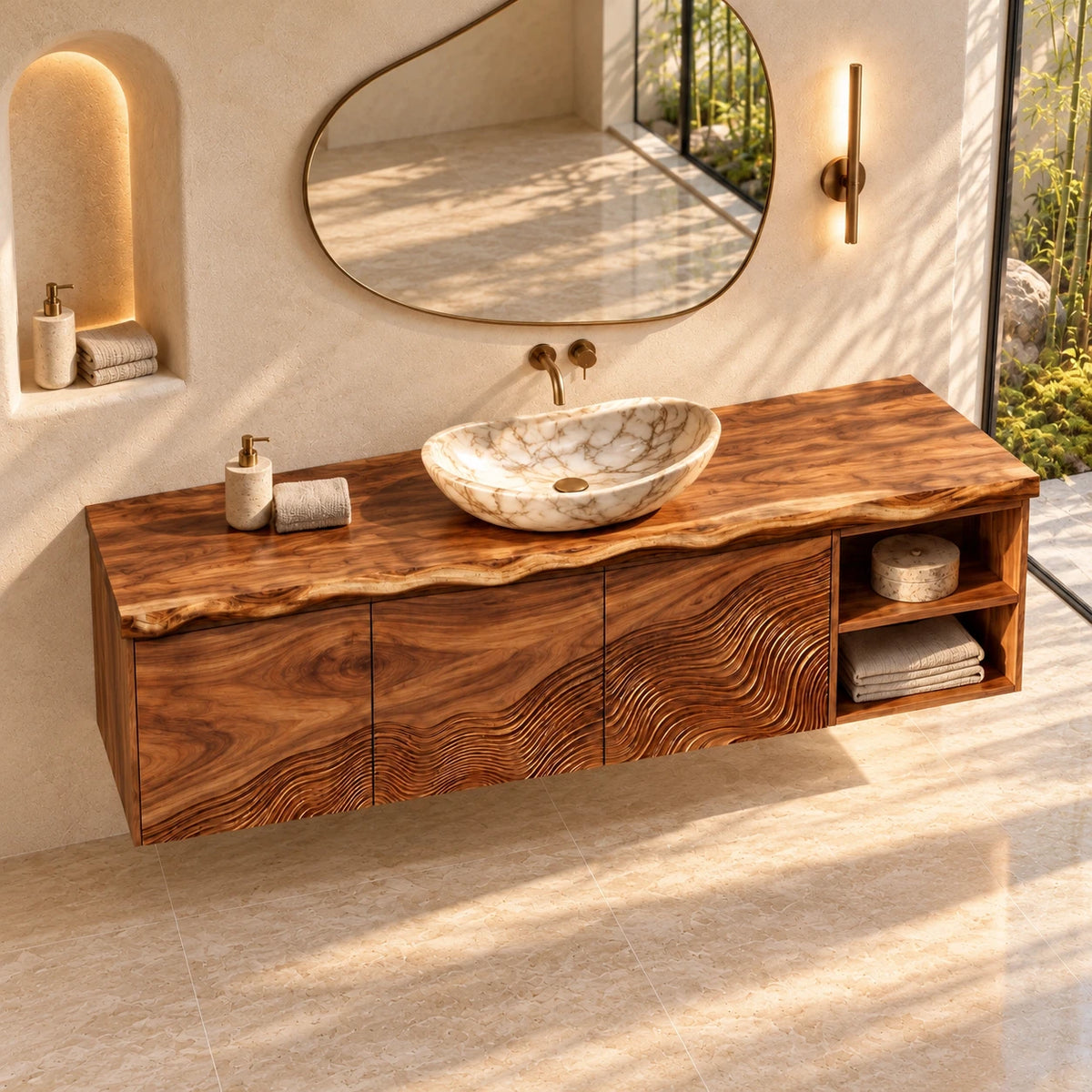Wood Bathroom Vanity with Wave-Carved Trio of Doors and Twin Open End Cubbies - Woodenecho - 4