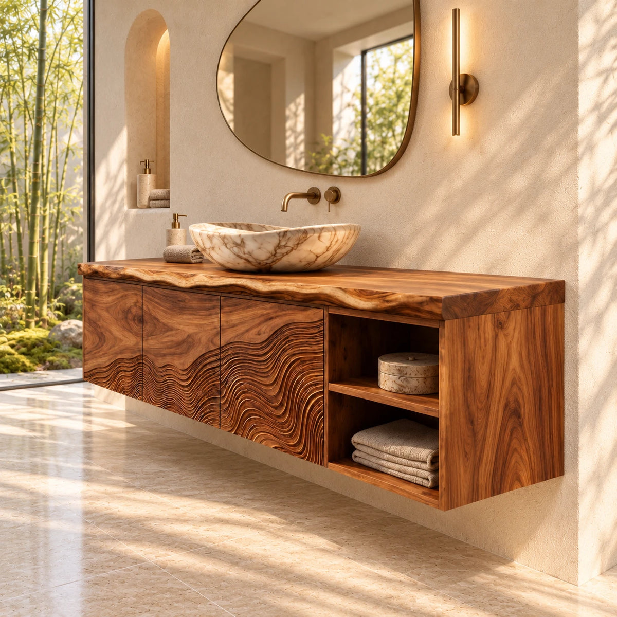 Wood Bathroom Vanity with Wave-Carved Trio of Doors and Twin Open End Cubbies - Woodenecho - 5