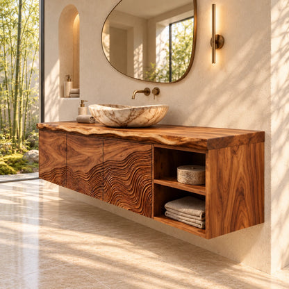 Wood Bathroom Vanity with Wave-Carved Trio of Doors and Twin Open End Cubbies - Woodenecho - 5