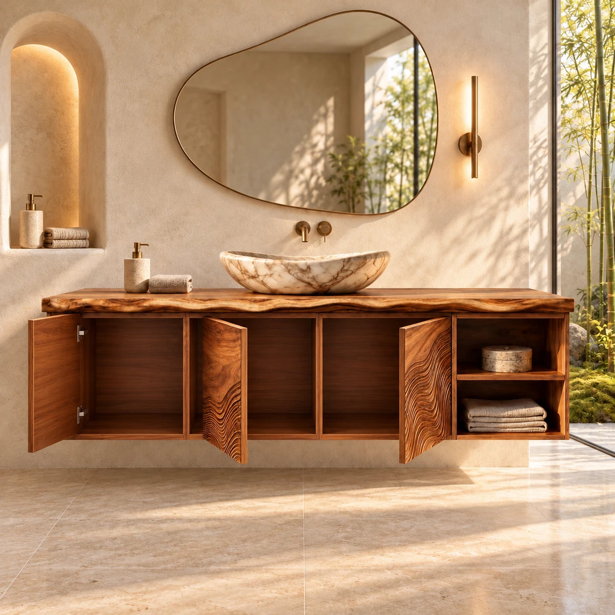 Wood Bathroom Vanity with Wave-Carved Trio of Doors and Twin Open End Cubbies - Woodenecho - 6
