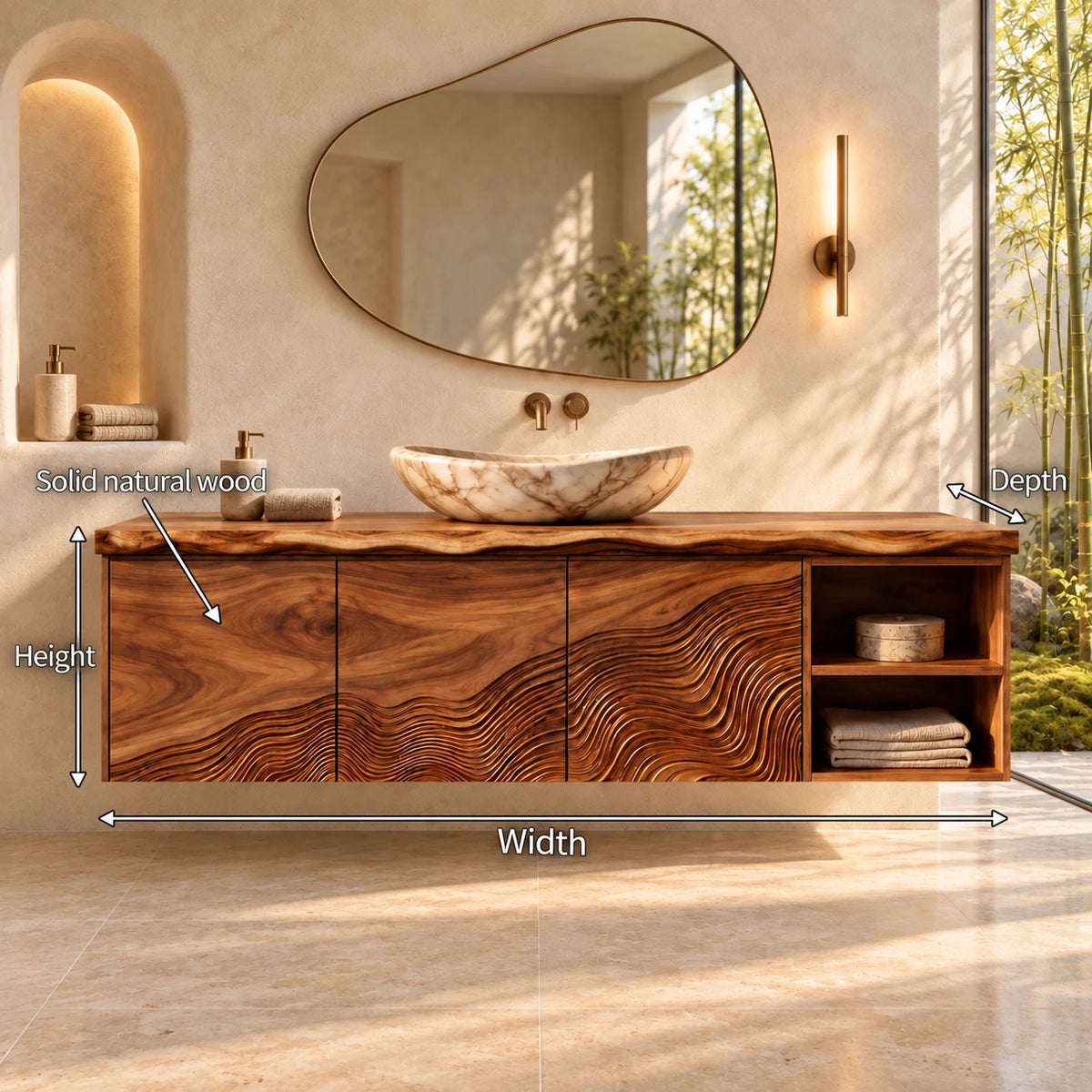 Wood Bathroom Vanity with Wave-Carved Trio of Doors and Twin Open End Cubbies - Woodenecho - 7