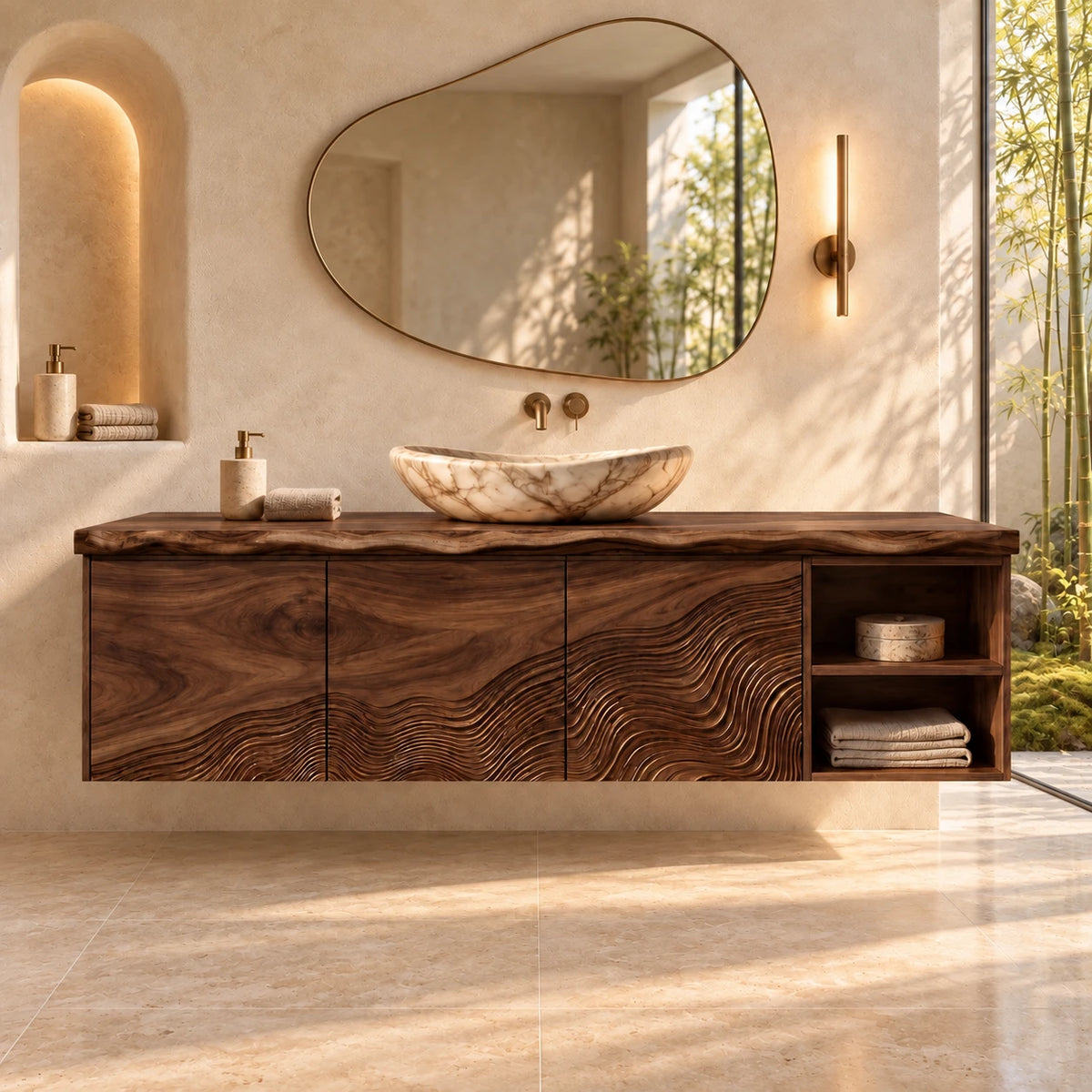 Wood Bathroom Vanity with Wave-Carved Trio of Doors and Twin Open End Cubbies - Woodenecho - 8