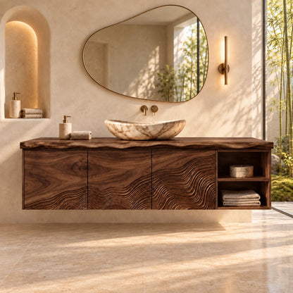 Wood Bathroom Vanity with Wave-Carved Trio of Doors and Twin Open End Cubbies - Woodenecho - 8