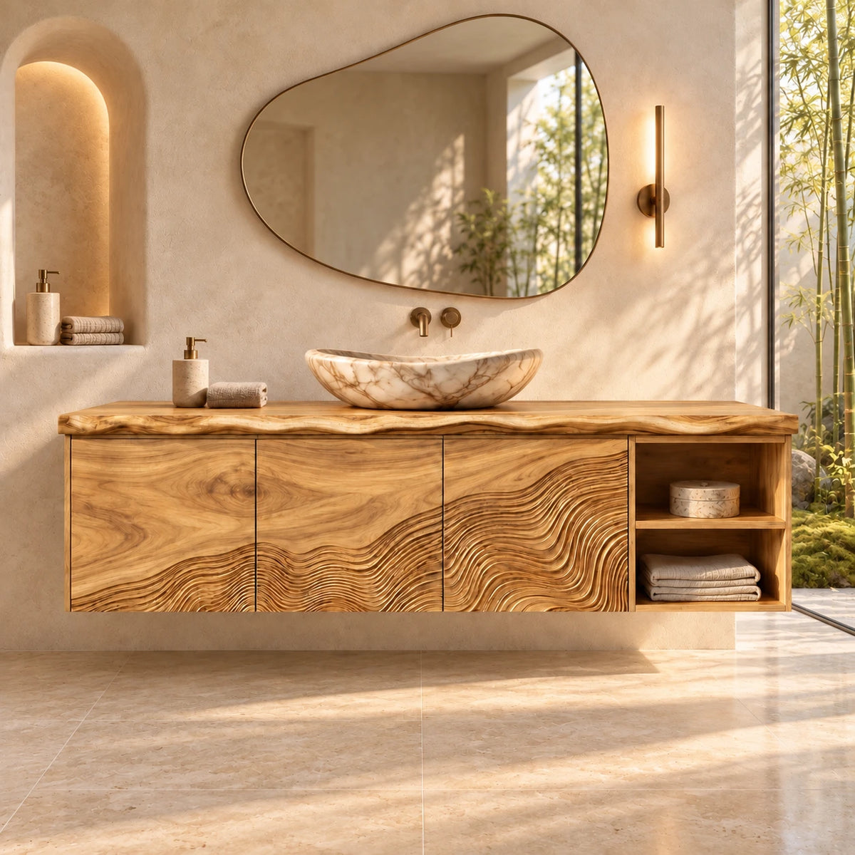 Wood Bathroom Vanity with Wave-Carved Trio of Doors and Twin Open End Cubbies - Woodenecho - 9