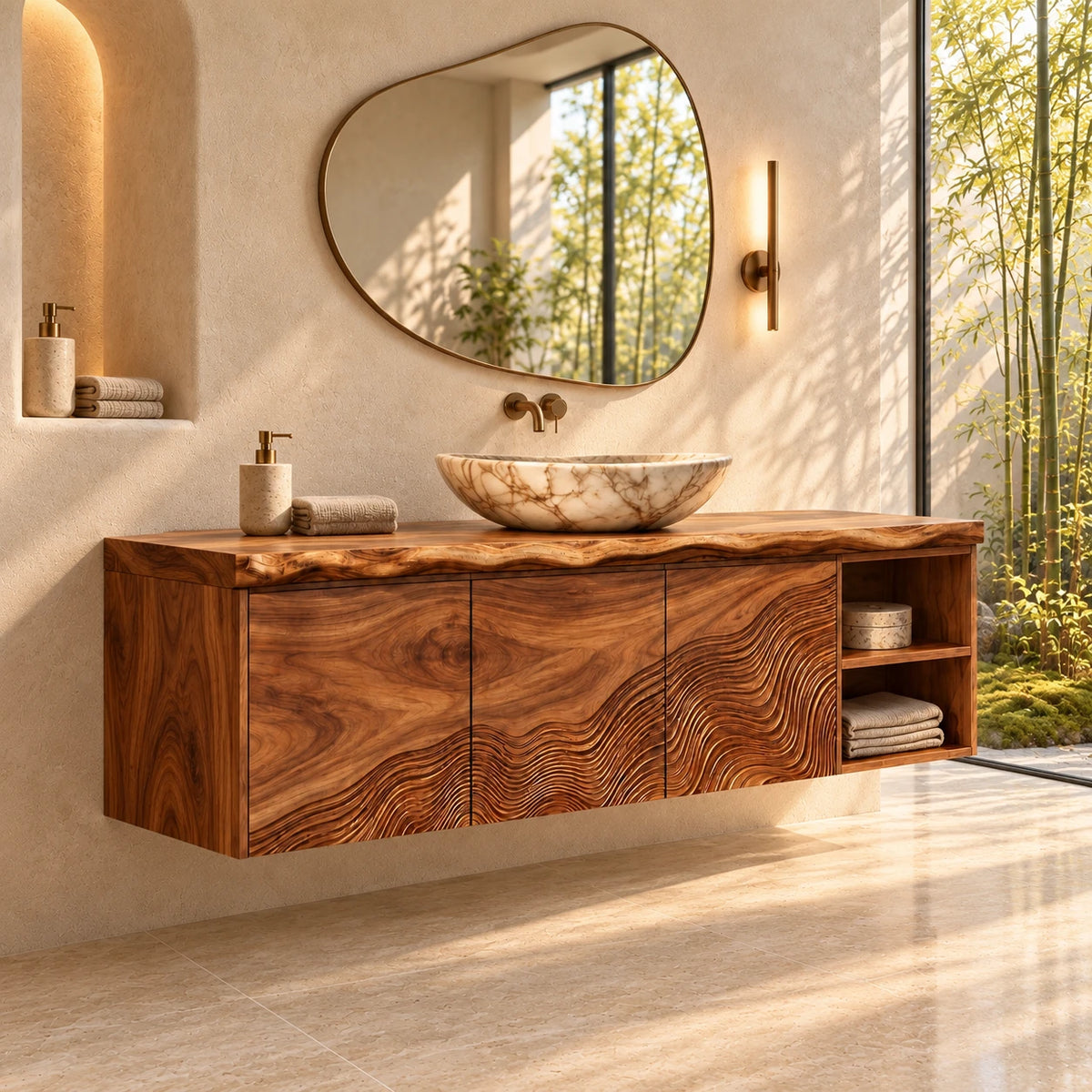 Wood Bathroom Vanity with Wave-Carved Trio of Doors and Twin Open End Cubbies - Woodenecho