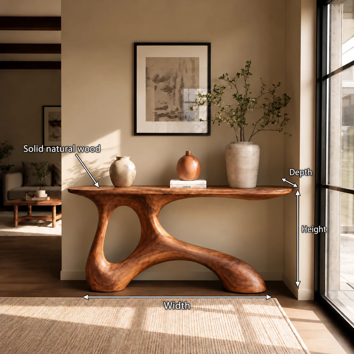 Wood Entryway Table with Twin-Footed Looping Pedestal and Live-Edge Slab Top - Woodenecho - 10