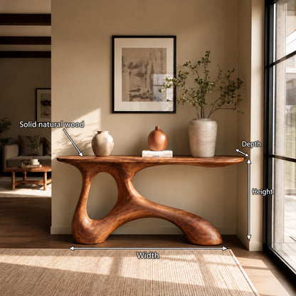 Wood Entryway Table with Twin-Footed Looping Pedestal and Live-Edge Slab Top - Woodenecho - 10