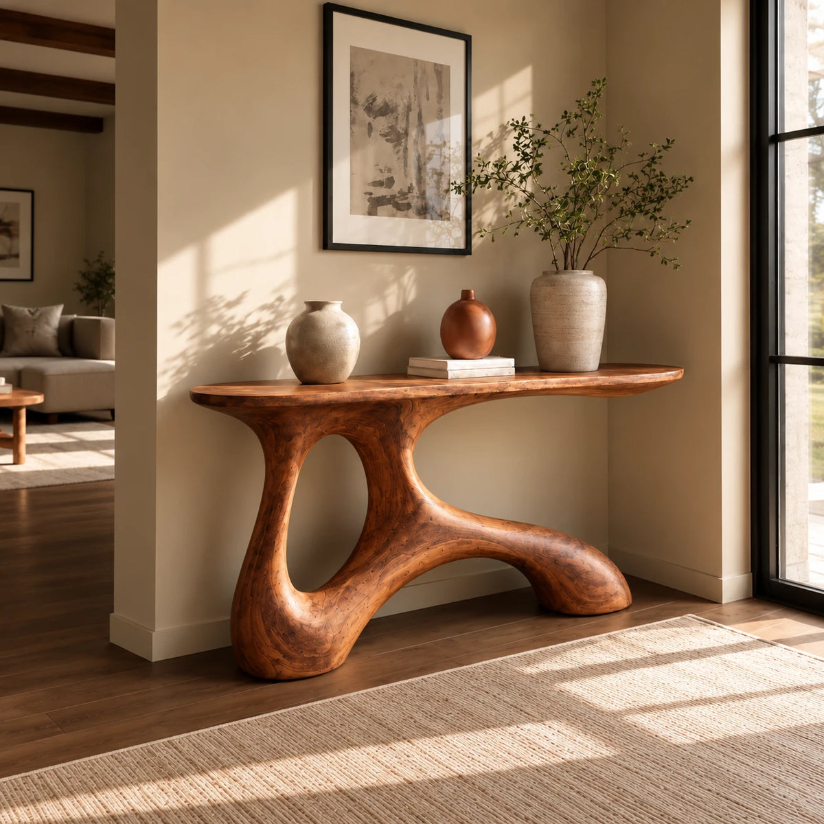 Wood Entryway Table with Twin-Footed Looping Pedestal and Live-Edge Slab Top - Woodenecho - 2