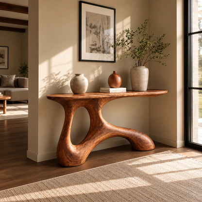Wood Entryway Table with Twin-Footed Looping Pedestal and Live-Edge Slab Top - Woodenecho - 2