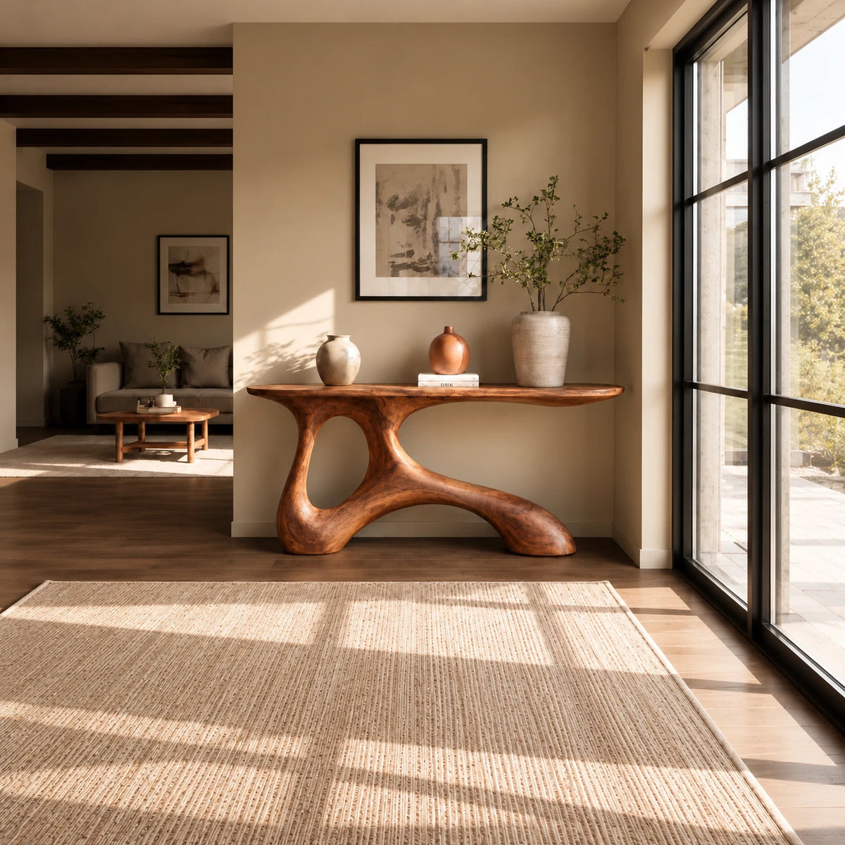 Wood Entryway Table with Twin-Footed Looping Pedestal and Live-Edge Slab Top - Woodenecho - 3