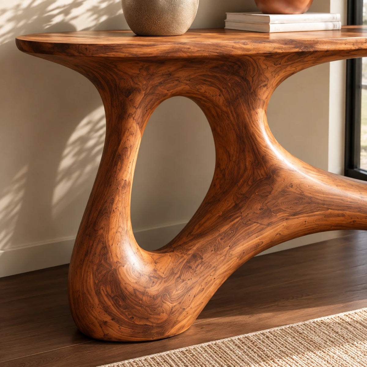 Wood Entryway Table with Twin-Footed Looping Pedestal and Live-Edge Slab Top - Woodenecho - 4