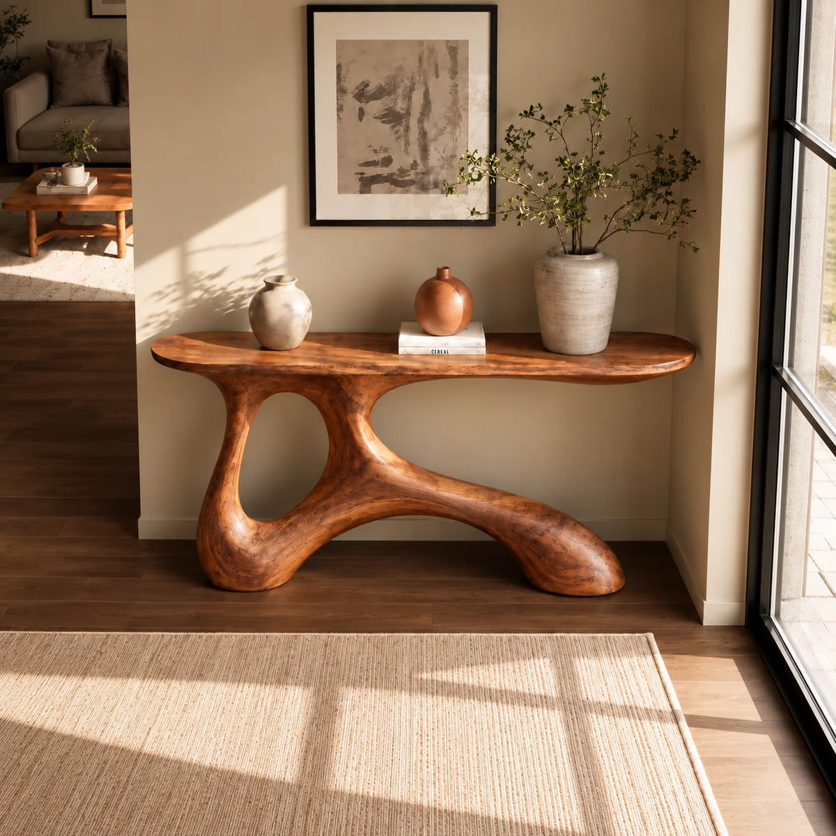 Wood Entryway Table with Twin-Footed Looping Pedestal and Live-Edge Slab Top - Woodenecho - 5