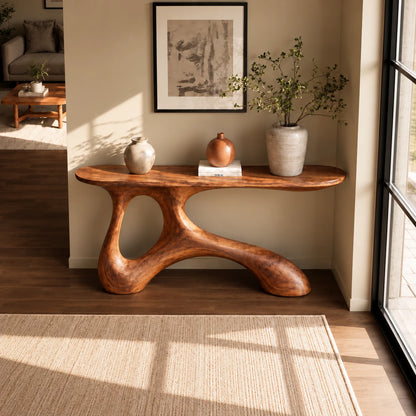 Wood Entryway Table with Twin-Footed Looping Pedestal and Live-Edge Slab Top - Woodenecho - 5