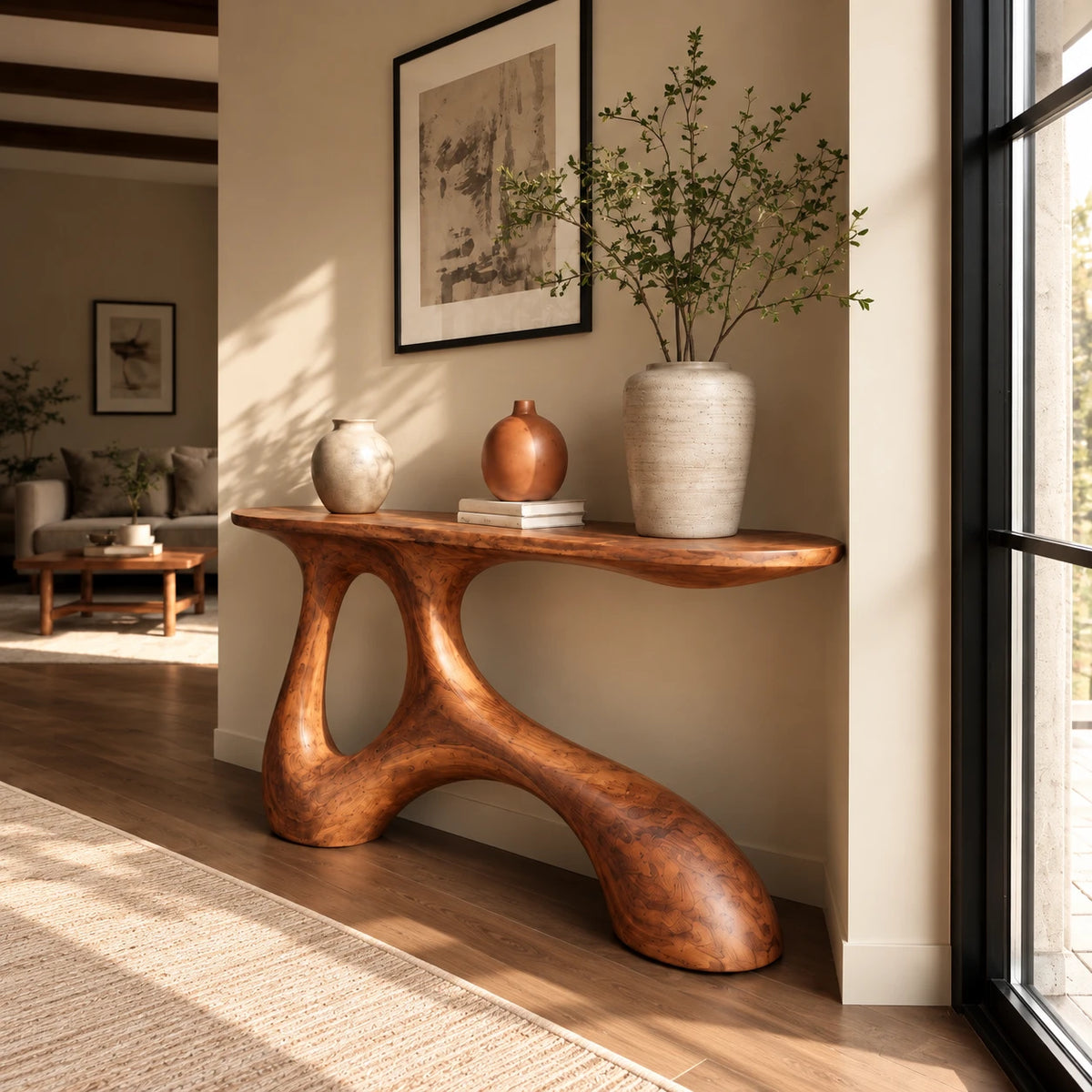 Wood Entryway Table with Twin-Footed Looping Pedestal and Live-Edge Slab Top - Woodenecho - 6