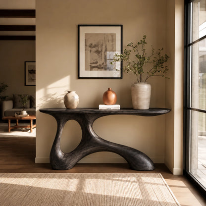 Wood Entryway Table with Twin-Footed Looping Pedestal and Live-Edge Slab Top - Woodenecho - 9