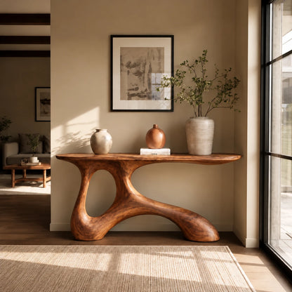 Wood Entryway Table with Twin-Footed Looping Pedestal and Live-Edge Slab Top - Woodenecho