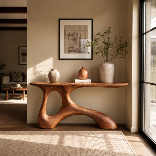 Wood Entryway Table with Twin-Footed Looping Pedestal and Live-Edge Slab Top - Woodenecho