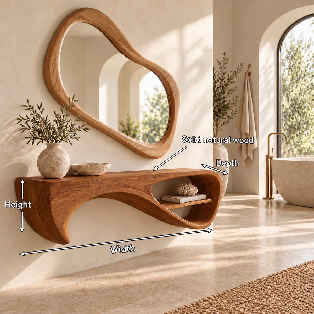 Wood Floating Shelf with Drooping Fin Support and Open Oval End Compartment - Woodenecho - 10