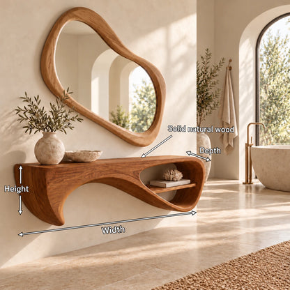 Wood Floating Shelf with Drooping Fin Support and Open Oval End Compartment - Woodenecho - 10