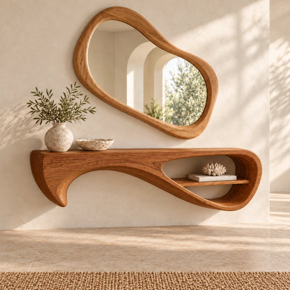 Wood Floating Shelf with Drooping Fin Support and Open Oval End Compartment - Woodenecho - 2