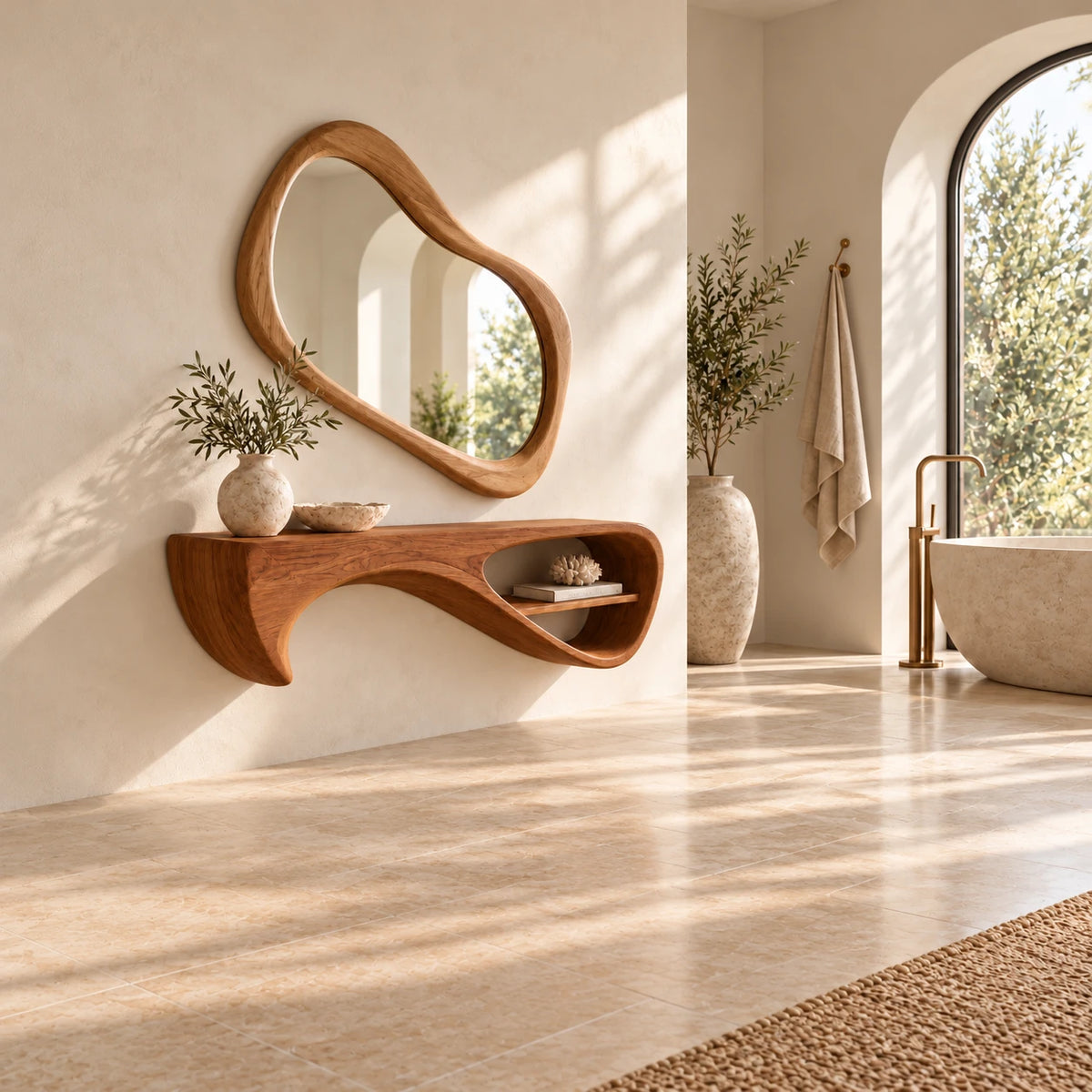 Wood Floating Shelf with Drooping Fin Support and Open Oval End Compartment - Woodenecho - 3
