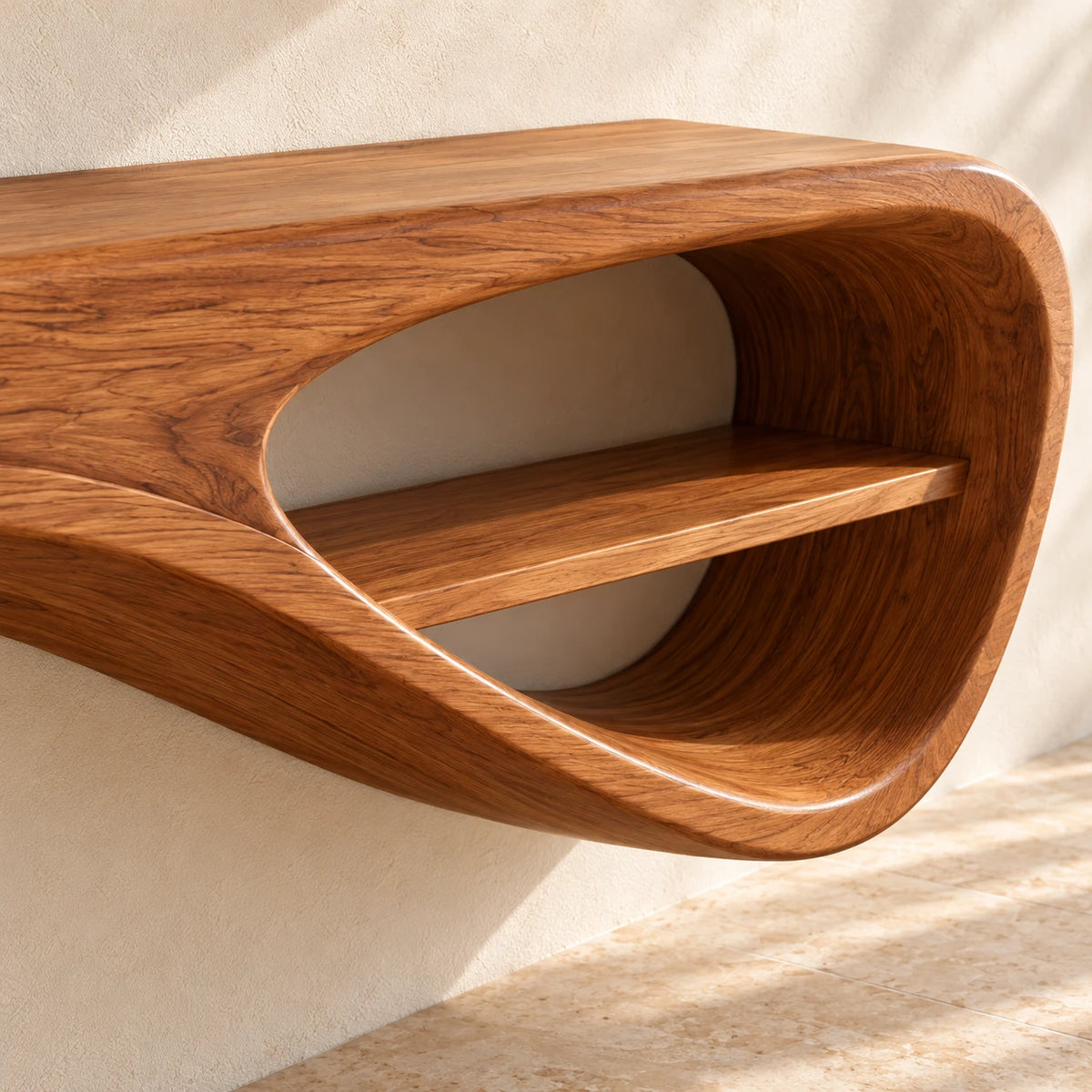 Wood Floating Shelf with Drooping Fin Support and Open Oval End Compartment - Woodenecho - 4