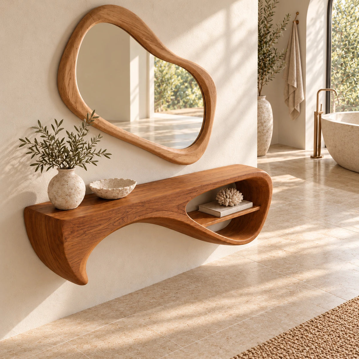 Wood Floating Shelf with Drooping Fin Support and Open Oval End Compartment - Woodenecho - 5