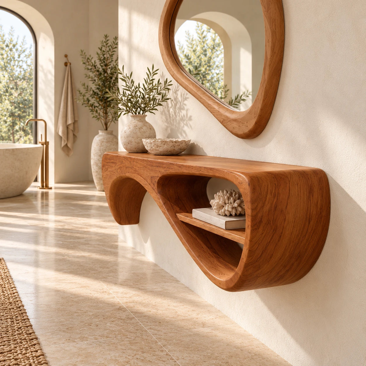 Wood Floating Shelf with Drooping Fin Support and Open Oval End Compartment - Woodenecho - 6