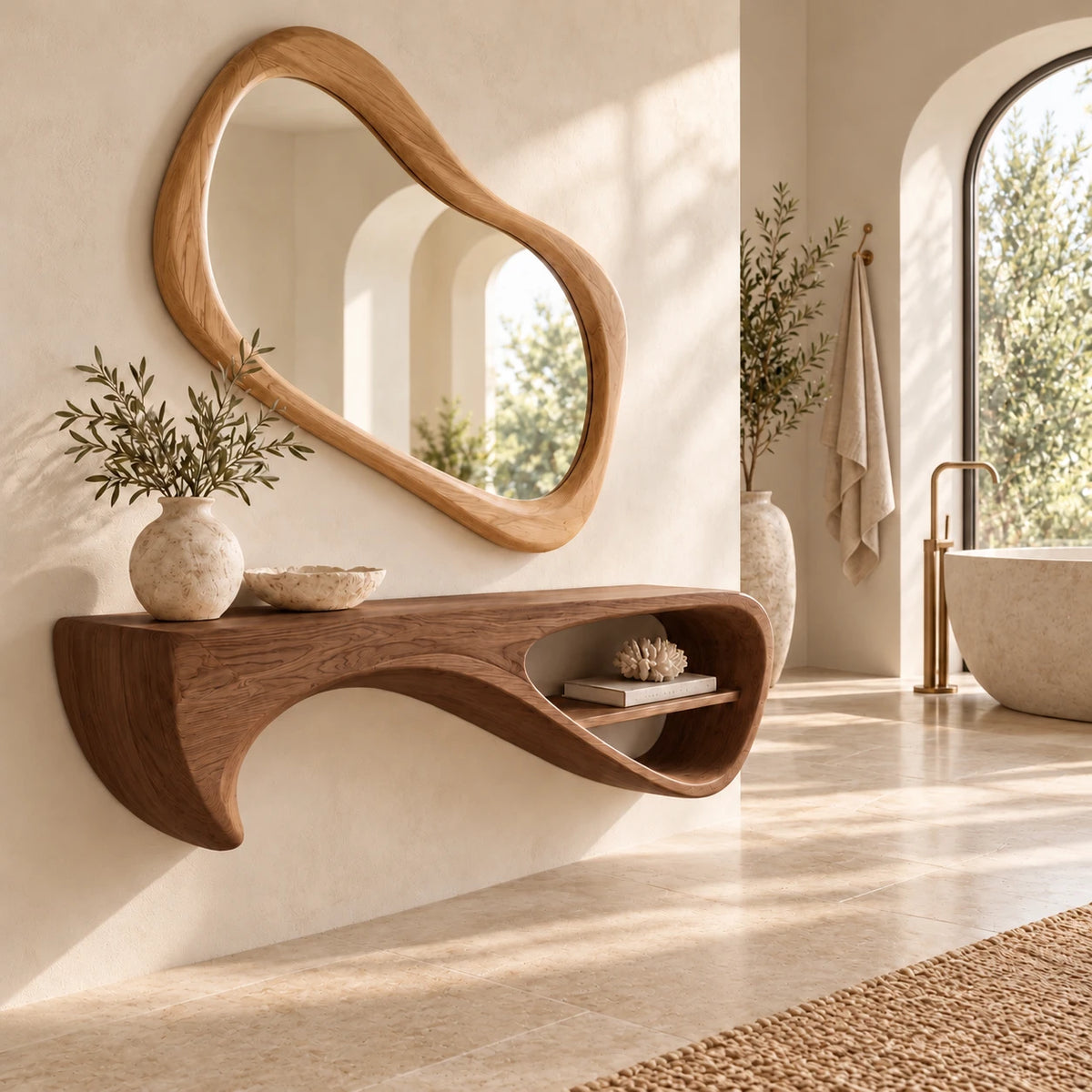 Wood Floating Shelf with Drooping Fin Support and Open Oval End Compartment - Woodenecho - 7