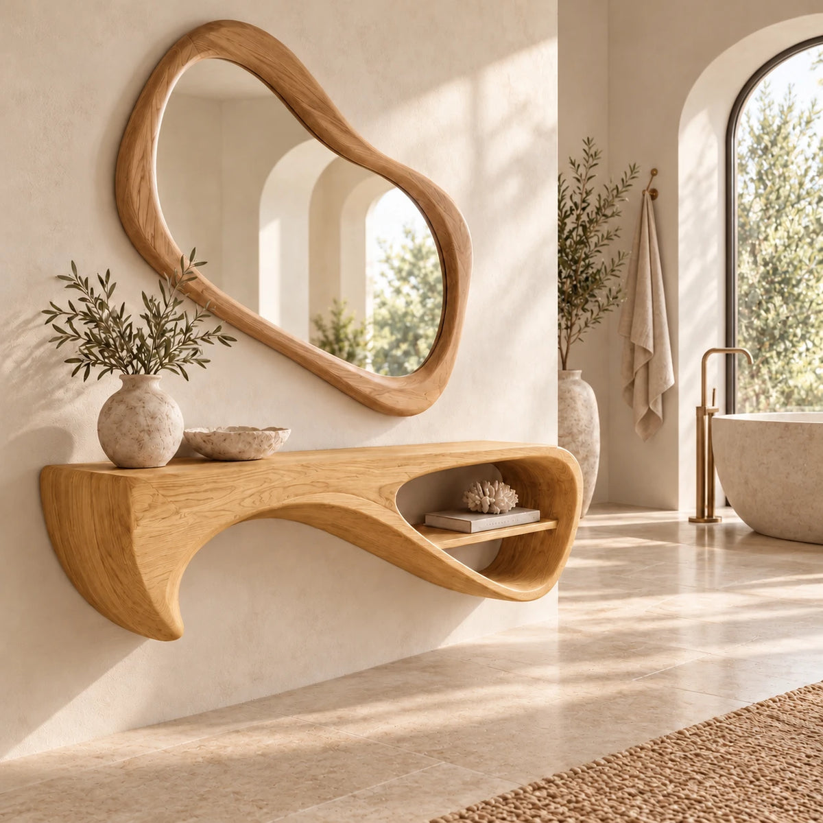 Wood Floating Shelf with Drooping Fin Support and Open Oval End Compartment - Woodenecho - 8