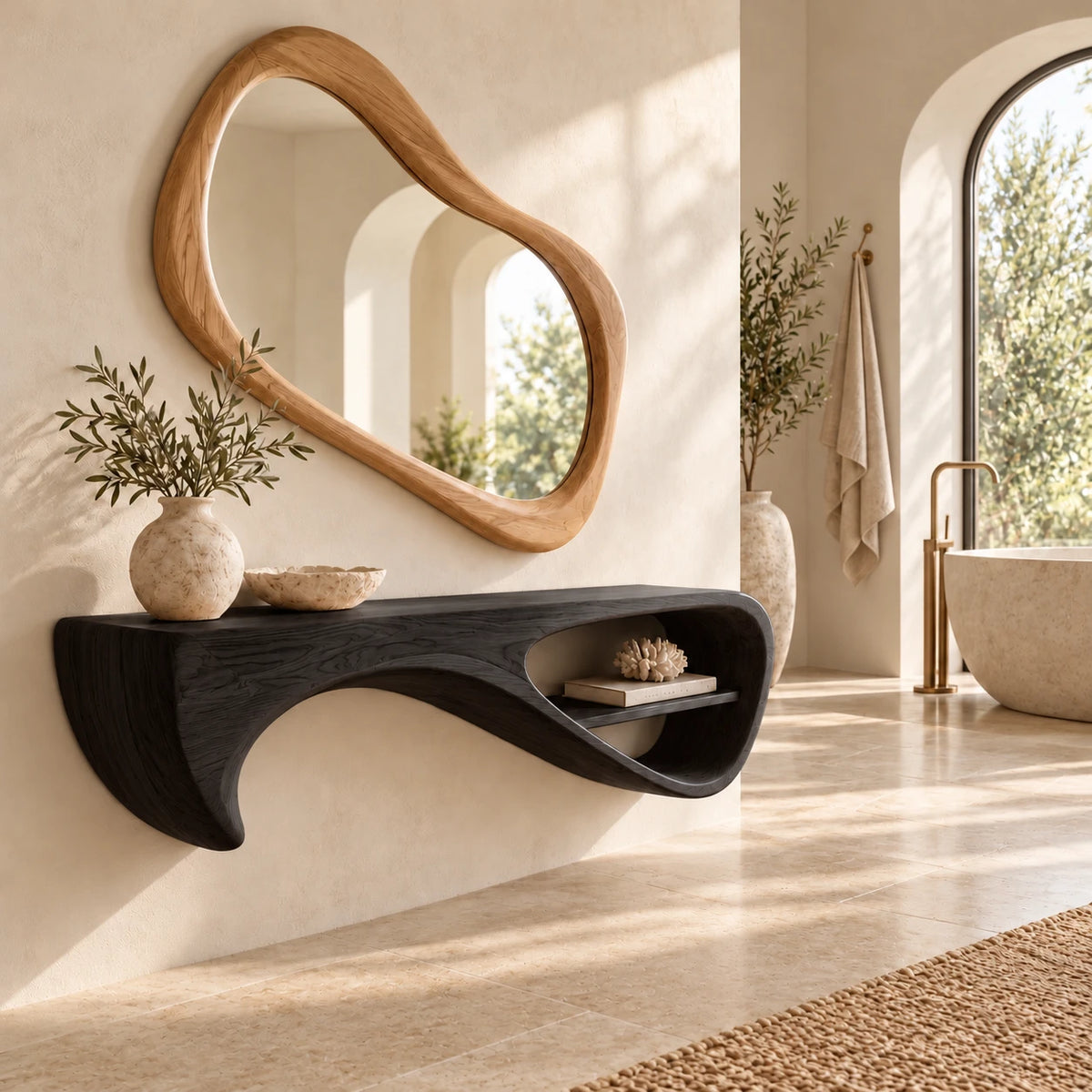 Wood Floating Shelf with Drooping Fin Support and Open Oval End Compartment - Woodenecho - 9