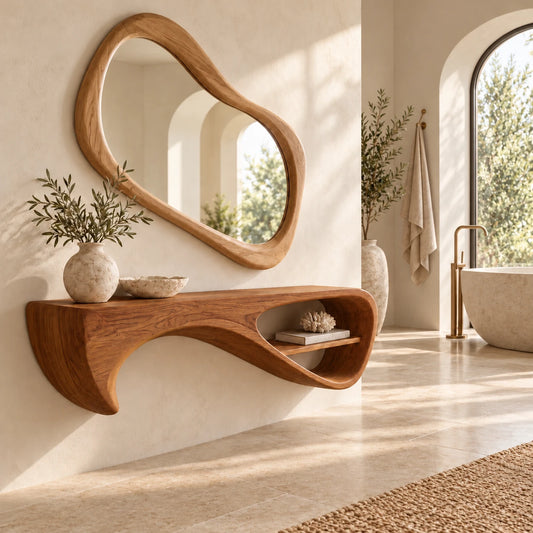 Wood Floating Shelf with Drooping Fin Support and Open Oval End Compartment - Woodenecho