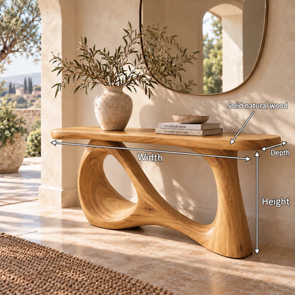 Wood Sofa Table with Open-Ring and Column Ribbon Pedestal, Oval Slab Top - Woodenecho - 10