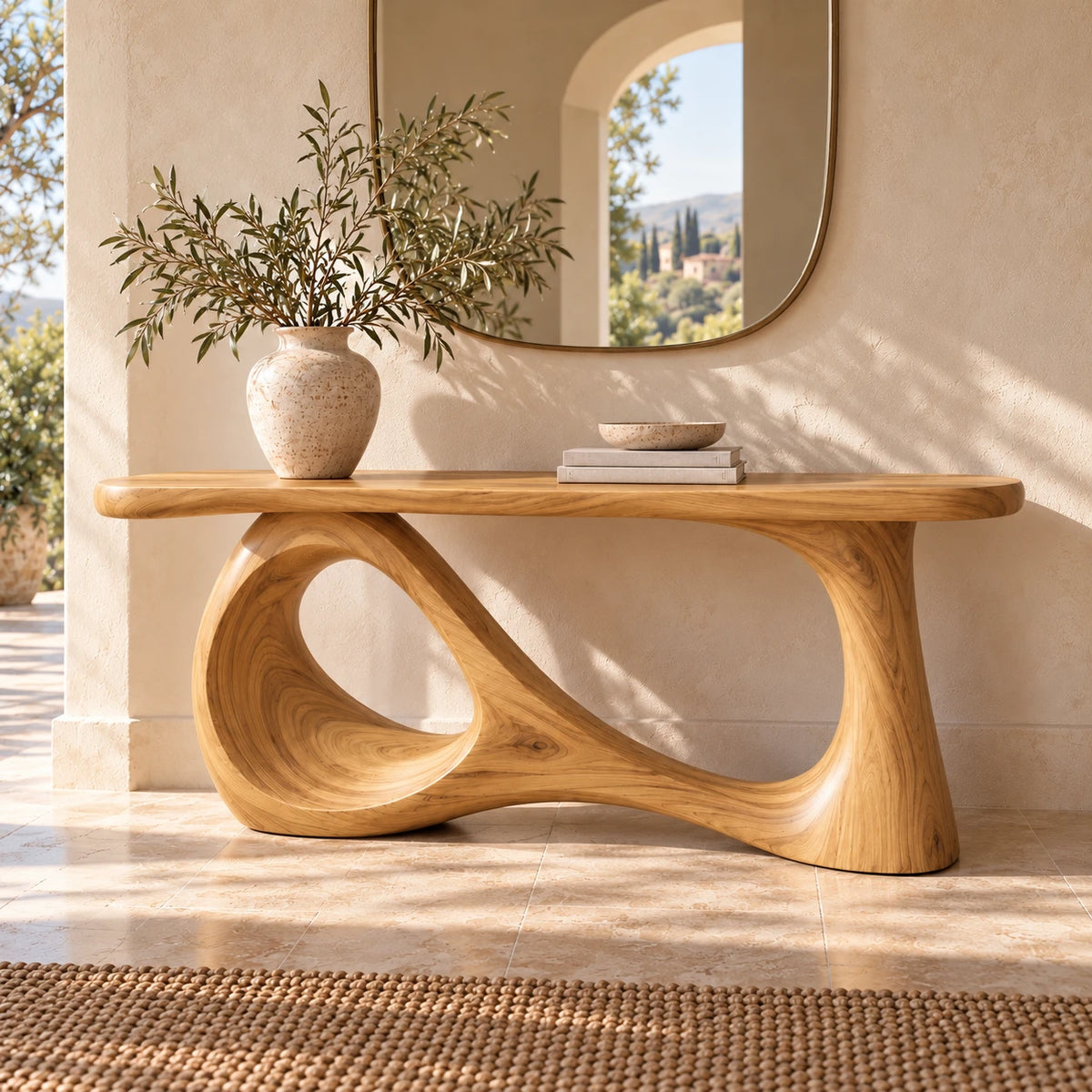 Wood Sofa Table with Open-Ring and Column Ribbon Pedestal, Oval Slab Top - Woodenecho - 2
