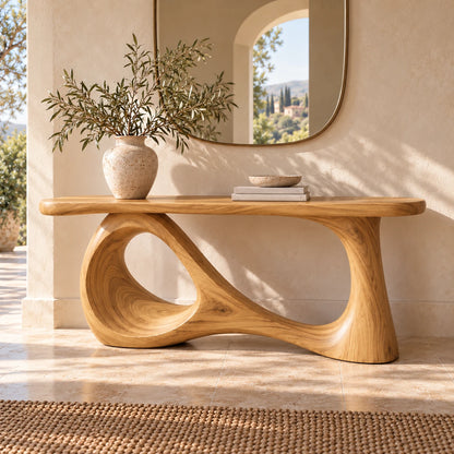 Wood Sofa Table with Open-Ring and Column Ribbon Pedestal, Oval Slab Top - Woodenecho - 2