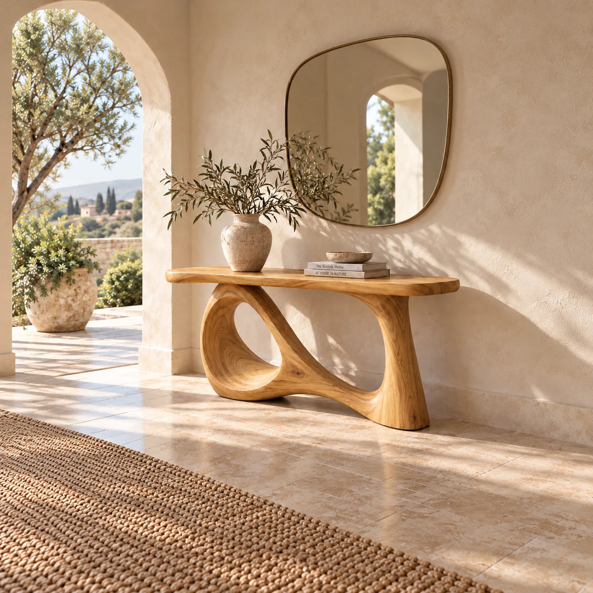 Wood Sofa Table with Open-Ring and Column Ribbon Pedestal, Oval Slab Top - Woodenecho - 3