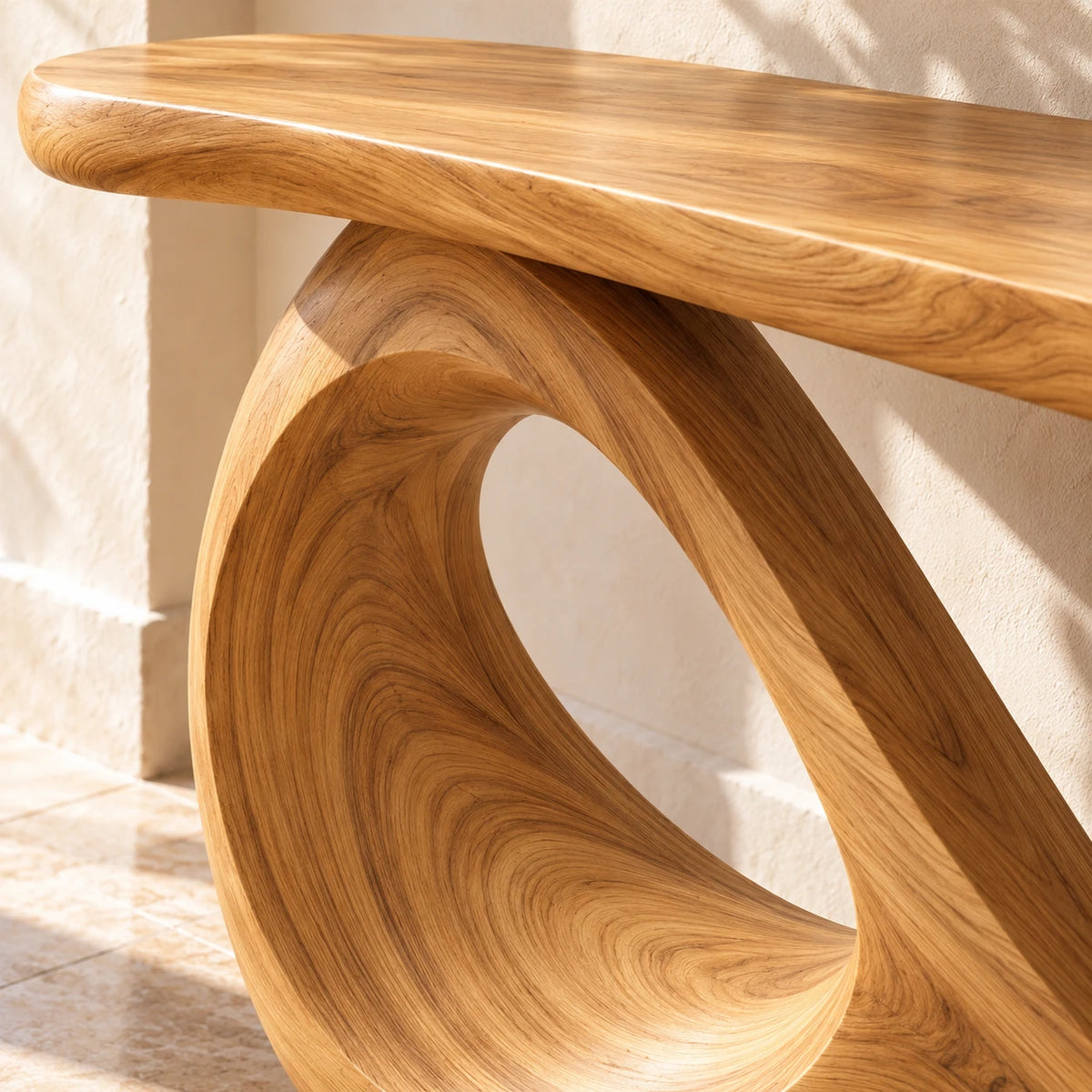 Wood Sofa Table with Open-Ring and Column Ribbon Pedestal, Oval Slab Top - Woodenecho - 4