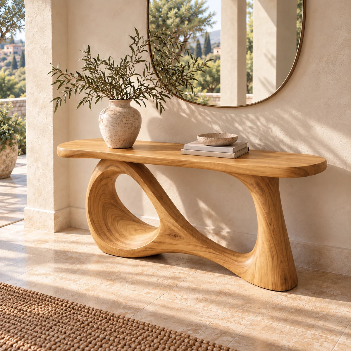 Wood Sofa Table with Open-Ring and Column Ribbon Pedestal, Oval Slab Top - Woodenecho - 5