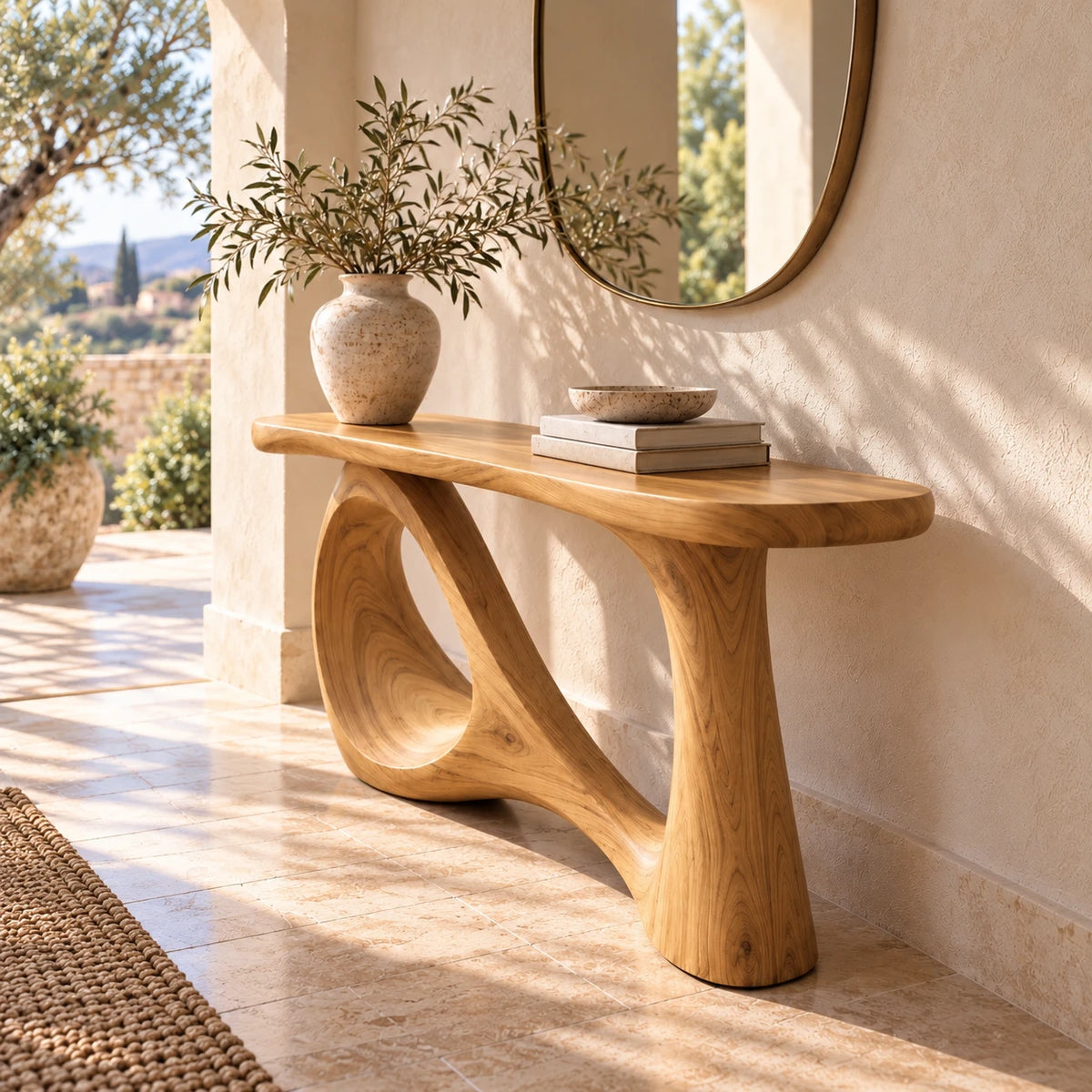 Wood Sofa Table with Open-Ring and Column Ribbon Pedestal, Oval Slab Top - Woodenecho - 6