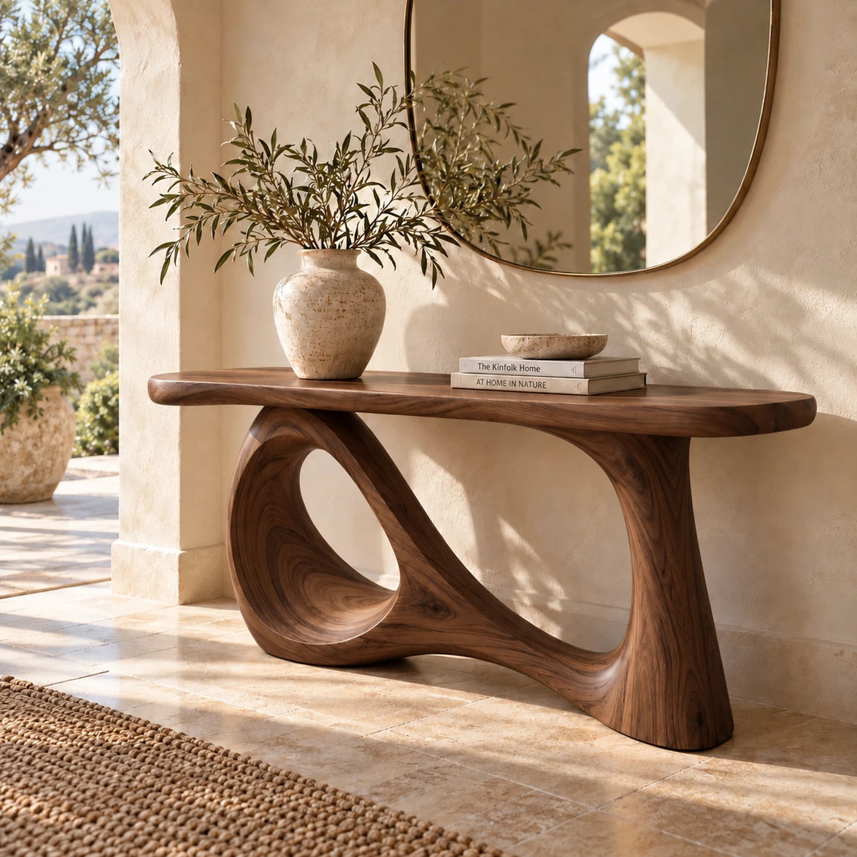 Wood Sofa Table with Open-Ring and Column Ribbon Pedestal, Oval Slab Top - Woodenecho - 7