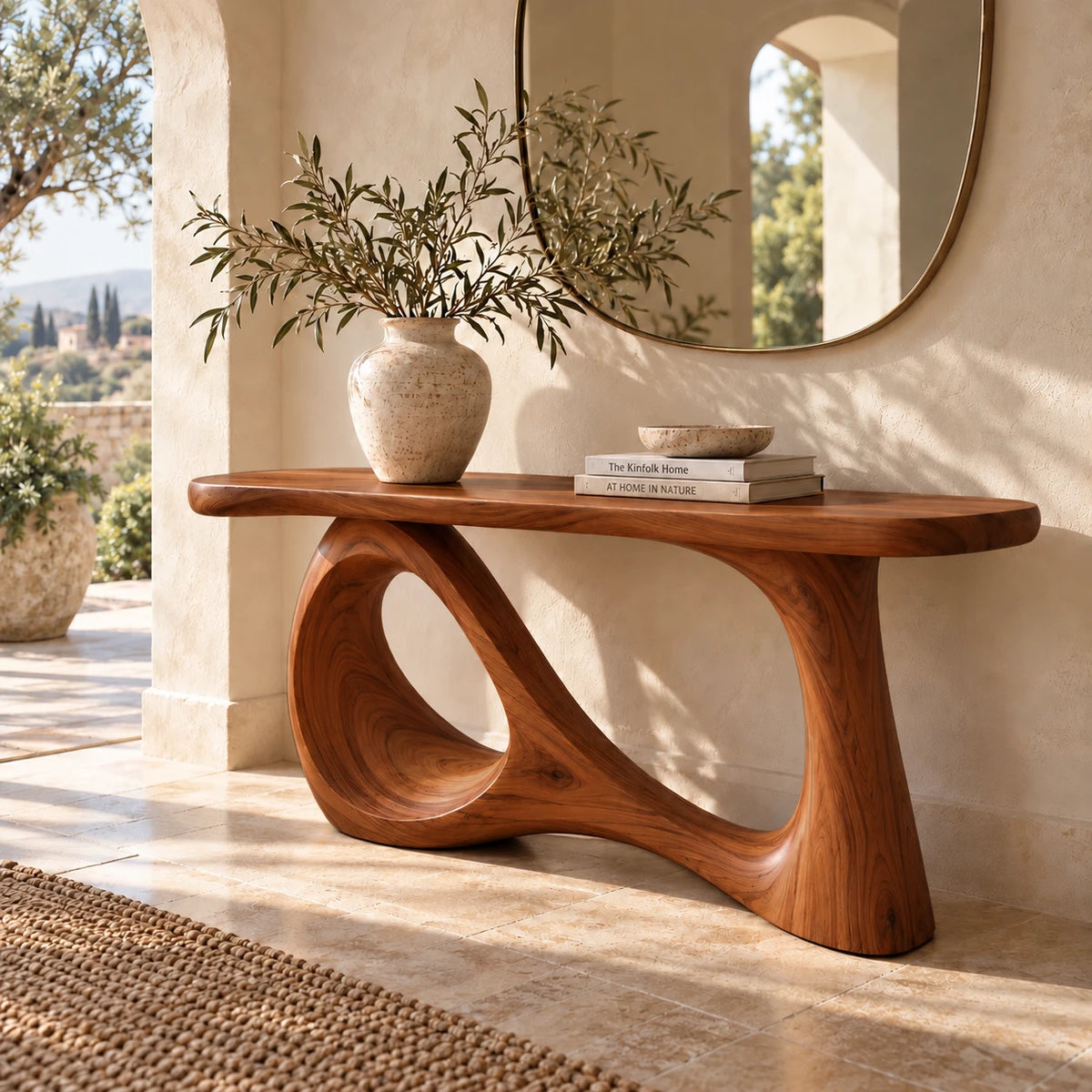 Wood Sofa Table with Open-Ring and Column Ribbon Pedestal, Oval Slab Top - Woodenecho - 8