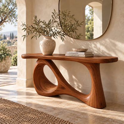 Wood Sofa Table with Open-Ring and Column Ribbon Pedestal, Oval Slab Top - Woodenecho - 8
