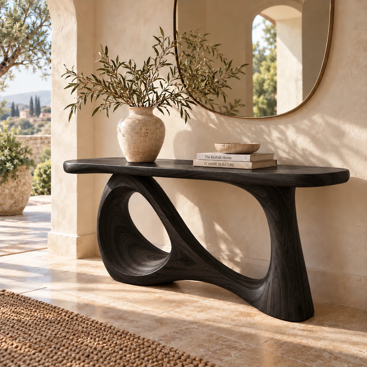 Wood Sofa Table with Open-Ring and Column Ribbon Pedestal, Oval Slab Top - Woodenecho - 9